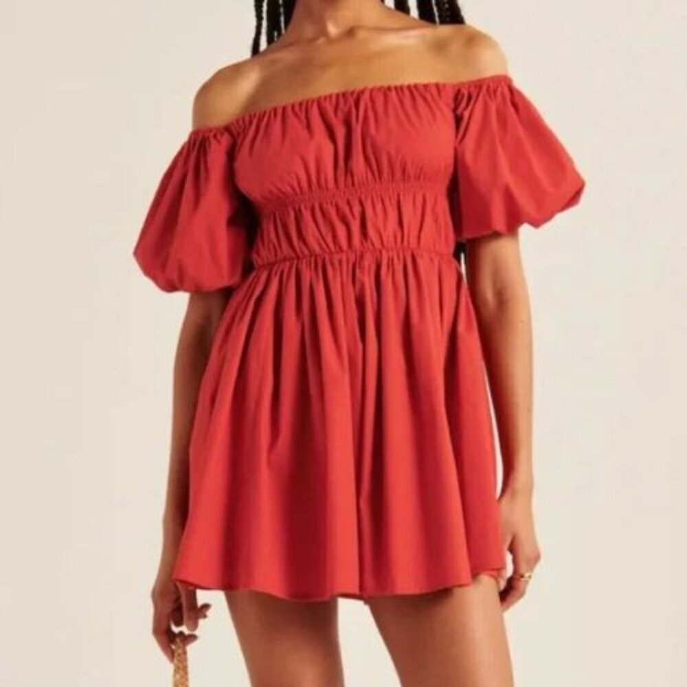 Abercrombie & Fitch Red Off-the-Shoulder Puff Sleeve Mini Dress S 36064